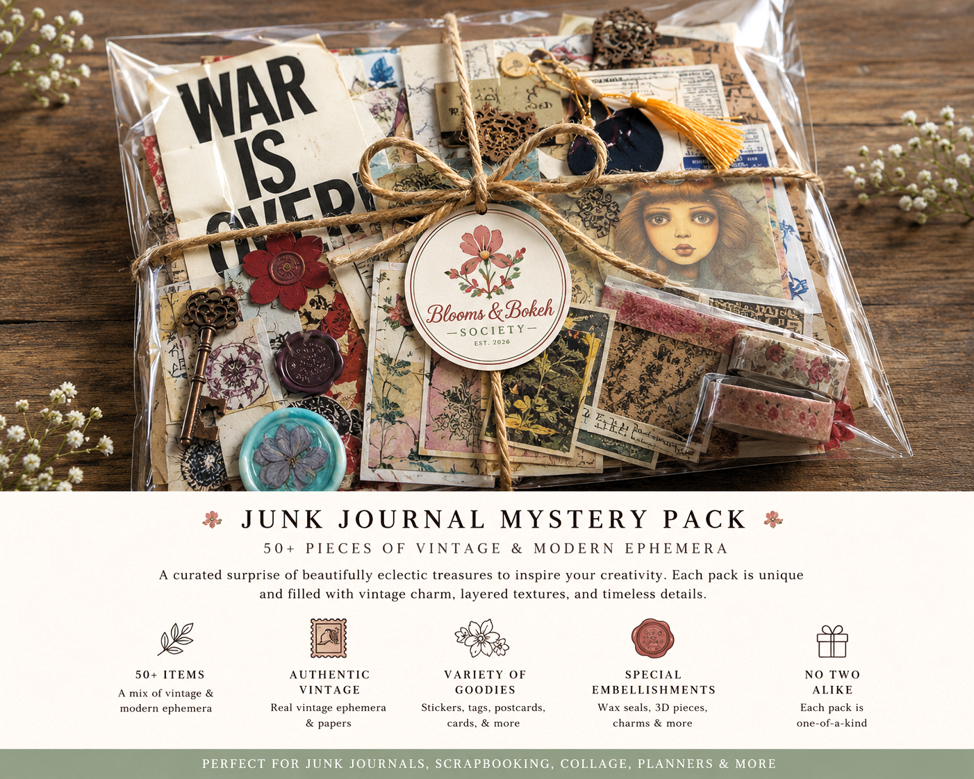 Junk Journal Mystery Pack with 50+ pieces of vintage and modern ephemera